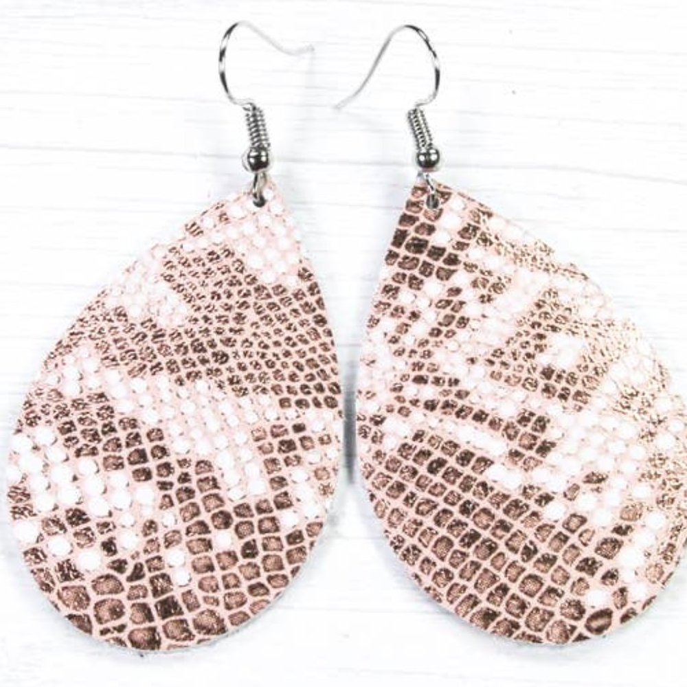 Last 1 - HP White/Rose Gold Metallic Snake Leather Earrings - Picture 1 of 1